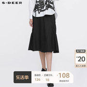 sdeer圣迪奥半身裙女装休闲抽褶拼接不规则黑色半身长裙S21361106