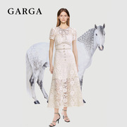 garga法式白色蕾丝钻饰蝴蝶结，连衣裙圆领高腰修身气质，名媛a字长裙