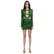 2023春季绿色性感镂空长袖，休闲缝扣时尚，气质名缓派对交际礼服