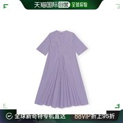 欧洲直邮GANNI 23 女白紫色条纹棉质宽松V领长连衣裙