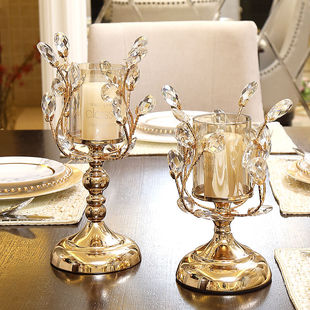 北欧轻奢金色水晶烛台欧式蜡烛台，金属摆件餐桌烛光晚餐浪漫道具