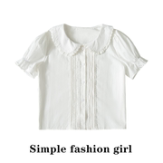simple娃娃领蕾丝花边甜美短款衬衫夏季女宽松短袖衬衫纯棉小衫