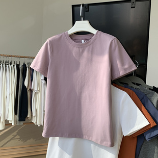 香芋紫色棉质舒适短袖圆领宽松百搭休闲简约显瘦半袖，上衣纯色t恤
