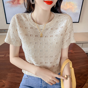 短袖t恤女短款2024夏季韩版修身圆领半袖体恤夏装蕾丝衫上衣