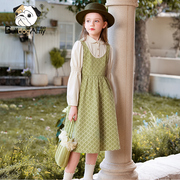 女童假两件连衣裙2023秋装绿色儿童娃娃领公主裙女孩格纹裙子