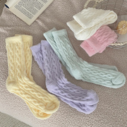 糖果色袜子女中筒袜秋冬防寒加厚保暖加绒条纹长袜甜美可爱堆堆袜