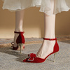 蝴蝶结红色高跟鞋法式小众2024年春季尖头一字扣带单鞋女细跟