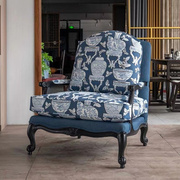哈里斯美式单人沙发椅蓝色花瓶伊森艾伦进口面料大尺寸老虎椅
