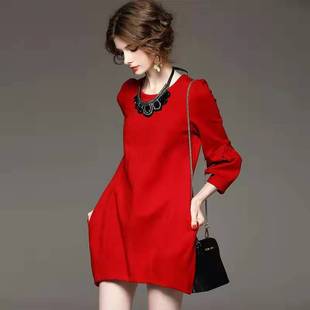 欧洲站春秋欧货长袖，连衣裙大红色灯笼裙宽松短裙，复古礼服气质原创
