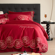 浪漫喜庆纯棉结婚四件套大红色，刺绣被套100支全棉婚庆床上用品