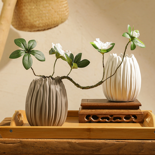 日式禅意壳形陶瓷花瓶，杜鹃花套装创意禅意茶室，名宿茶几装饰品摆设