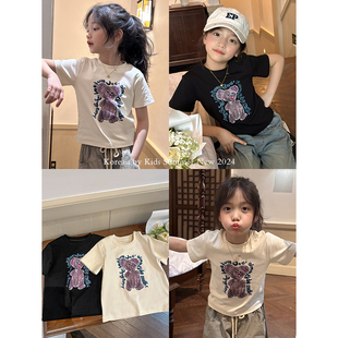 韩国夏装女童时髦卡通熊涂鸦短袖T恤儿童黑白色短款纯棉半袖上衣