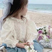 韩版童装女童衬衫两件套2024春季小女孩花边领上衣蕾丝罩衫潮