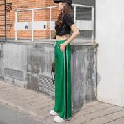 绿色休闲运动裤女网红宽松健身跳操广场舞蹈，直筒高腰条纹阔腿长裤