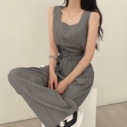 韩国chic夏季时尚方领宽松短款背心+系带后松紧拖地长裤套装