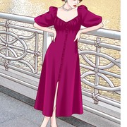 crepe超长自制女装超长裙法式玫红色170高个子(高个子)女生连衣裙