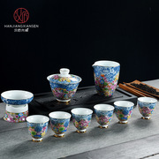 白瓷盖碗功夫茶具套装高档浮雕描金三才茶杯陶瓷青花整套茶具