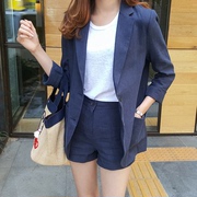 西装短裤套装女春夏2021韩版亚麻棉麻小西装外套显瘦两件套装