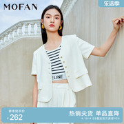 mofan摩凡春夏米色休闲上衣，韩版显瘦v领短外套女设计感时尚套装