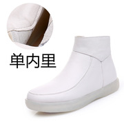 棉软底舒适白色短靴女加绒保暖冬季工作鞋鞋平跟真皮白色护士圆头