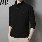 jeep吉普2023春夏春秋纯色，立领男装长袖，半拉链t恤休闲打底衫