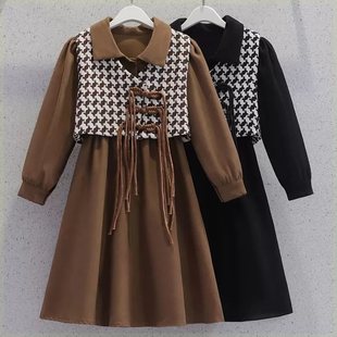 女童连衣裙春秋季洋气千鸟，格子马甲衬衫裙，两件套装公主裙儿童裙子