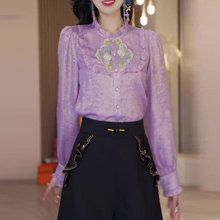 淡紫色圆领套头老钱风雪纺衬衫法式欧货高品质时尚上衣女装早春款