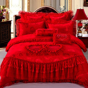 婚庆床组四件套纯棉，蕾丝床罩w被套，结婚床上用品六七八件套大红色