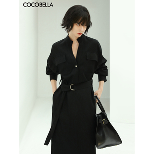 cocobella优雅气质立领黑色连衣裙，女重工通勤ol衬衫裙fr147