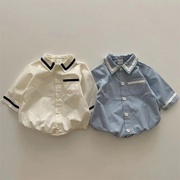 韩版海军风长袖三角哈胸前口袋纯色哈衣翻领婴幼儿童装纯色百