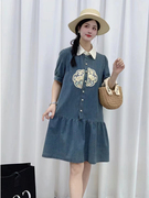 国风短袖牛仔连衣裙夏季韩版宽松显瘦新中式，时尚娃娃领拼接裙