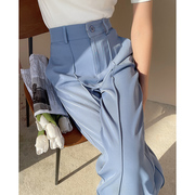 蓝色西装阔腿裤女夏季2024高腰窄版直筒裤垂感高级感休闲长裤