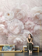 3d立体玫瑰花背景墙纸，美容院美甲店壁纸粉色，花朵卧室床头客厅壁画