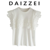 DAIZZEI~2022夏季镂空刺绣蕾丝拼接精致白色短袖棉T恤女上衣