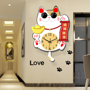 2023餐厅招财猫大气钟表挂钟客厅网红
