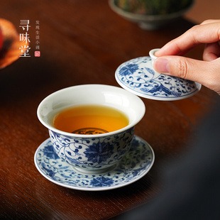 青花矾红缠枝莲盖碗|仿古泥三才茶碗复古中式釉下彩陶瓷功夫茶具