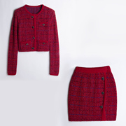 羊毛+棉 暗红格子 宝石纽扣 针织开衫外套+高腰包臀半身裙