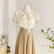 花边立领蝴蝶结雪纺衫，法式温柔气质短袖，衬衫女设计感洋气小衫上衣