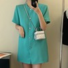 韩国chic夏季简约圆领时尚，爱心纽扣宽松小个子气质短袖西装连衣裙