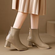 法式高跟短靴女2023年秋冬白色法式单靴粗跟踝靴瘦瘦短筒靴子