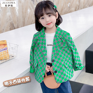 女童西装外套春秋装洋气格子2022韩版1一3-7岁儿童女宝宝夹克