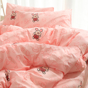 粉色猪猪儿童床上四件套，纯棉全棉床品被套床单，三件套学生宿舍夏季