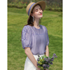 紫色法式蝴蝶结泡泡短袖，天丝上衣女2023夏季雪纺，洋气小衫轻薄