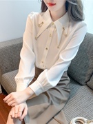法式高级感尖领衬衫，女2024秋装洋气雪纺，衬衣时尚链条拼接上衣