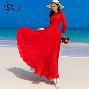 夏季红色雪纺长袖，连衣裙女长款到脚踝2024年气质显瘦超长裙子