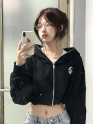 美式设计感甜酷风连帽卫衣女拉链，秋冬季宽松休闲开衫短款上衣外套