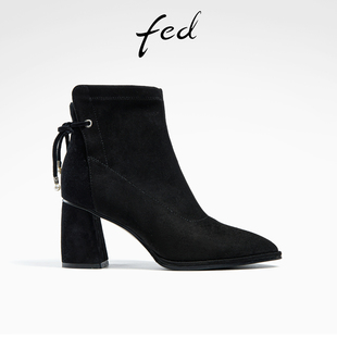 fed高跟短靴，冬季靴子尖头时装靴，后绑带瘦瘦靴女款r1128-zf531