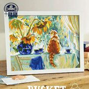 精准印花dmc十字绣创意，抽象动物花卉客厅，挂画油画猫与向日葵