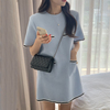 韩系chic夏季小香风，气质圆领多口袋宽松休闲直筒短袖小个子连衣裙