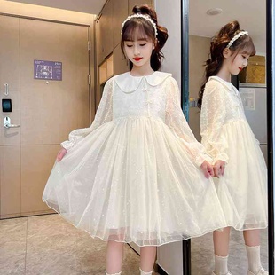 女童裙子春季装娃娃，领米白色盘扣改良版，旗袍连衣裙长款女童纱裙